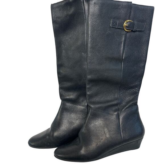 Steve Madden Size 6 Side Buckle Strap Mid Calf Wedge Heel Black Leather Boots - Picture 2 of 10